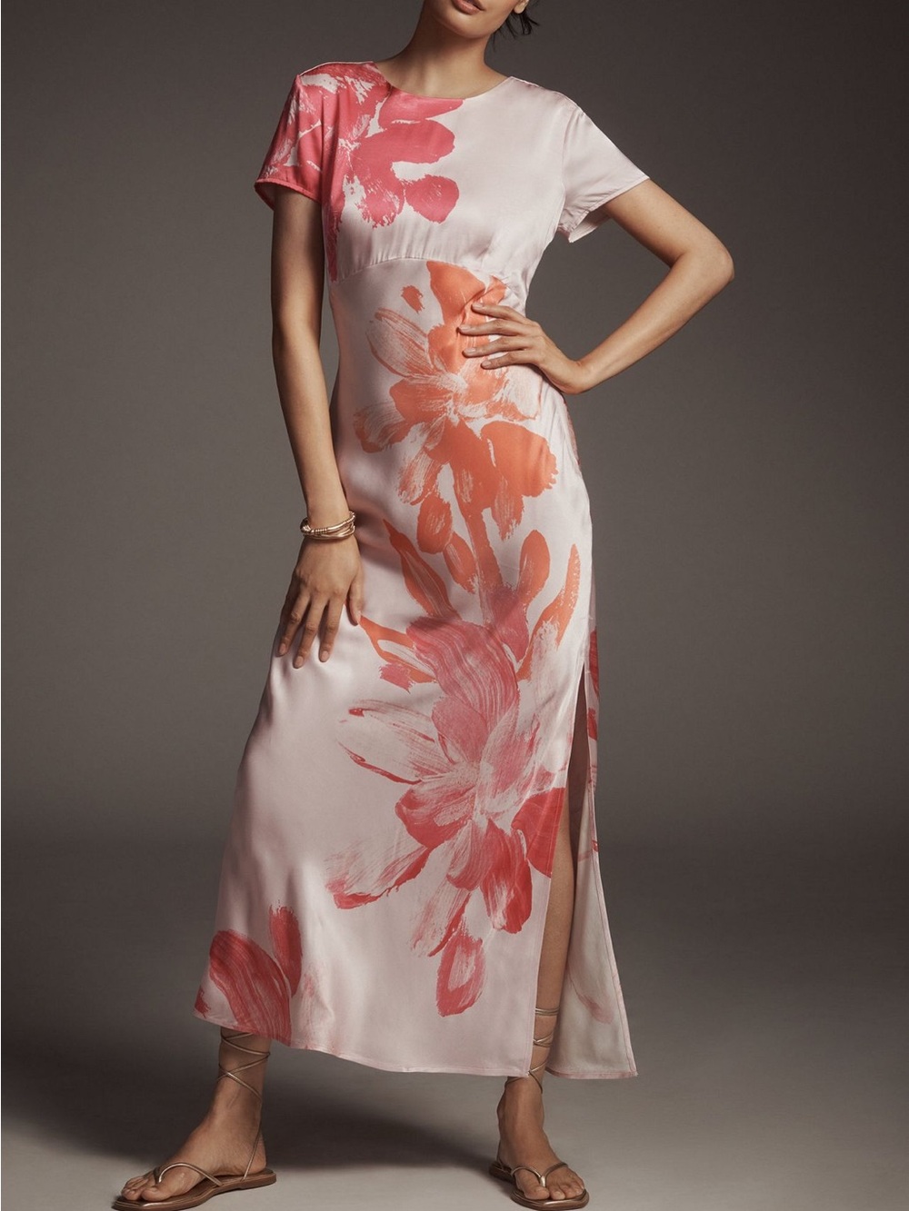 Anthropologie Pink Maxi Dress with Coral Floral Print